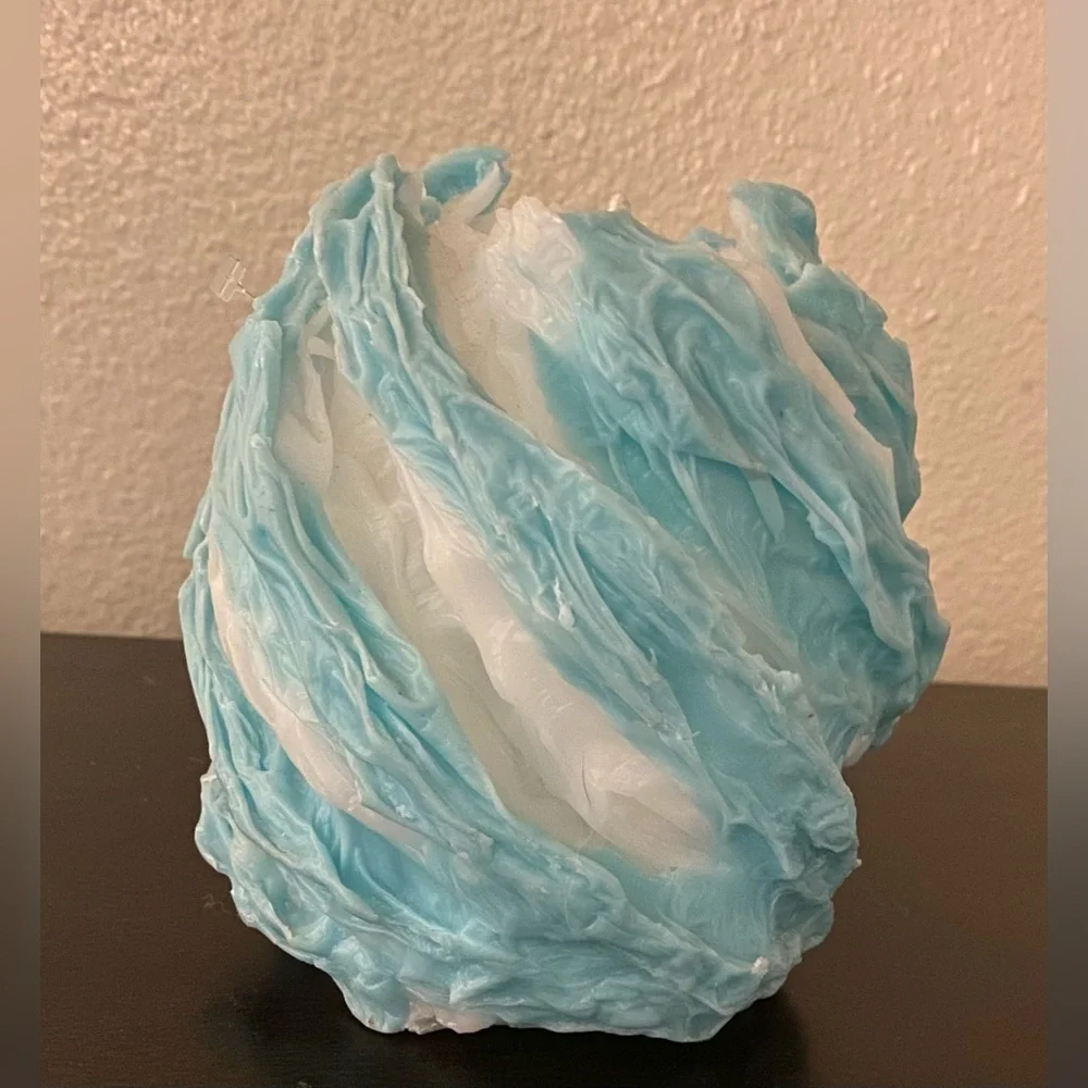 Teal White Textured Decorative Candle Sculptural Coastal Accent Decor
